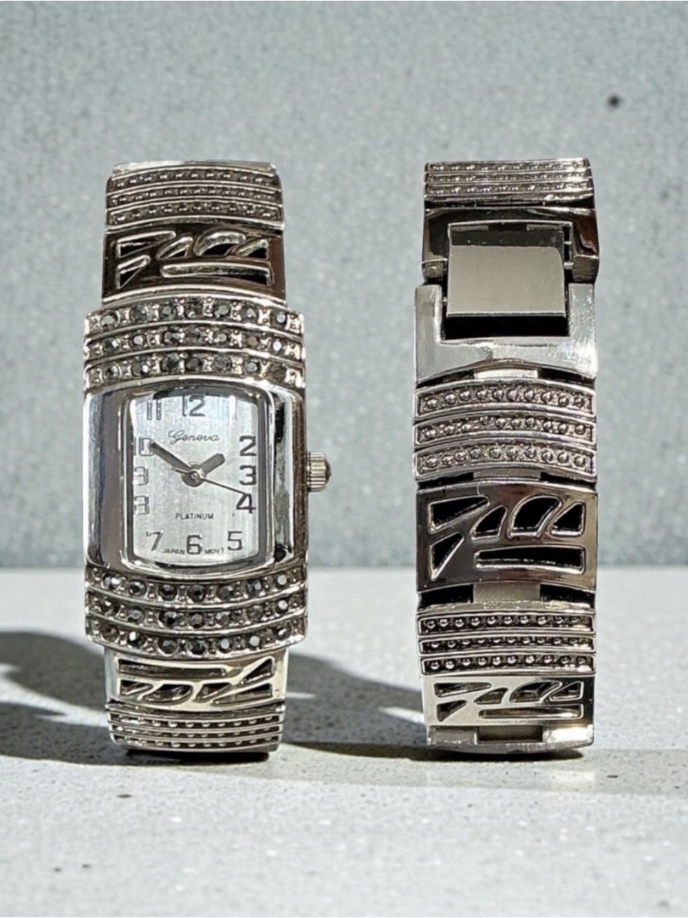 Geneva Y2K Vintage Platinum with Back & Crystal Rhinestones Tonneau Shaped Face